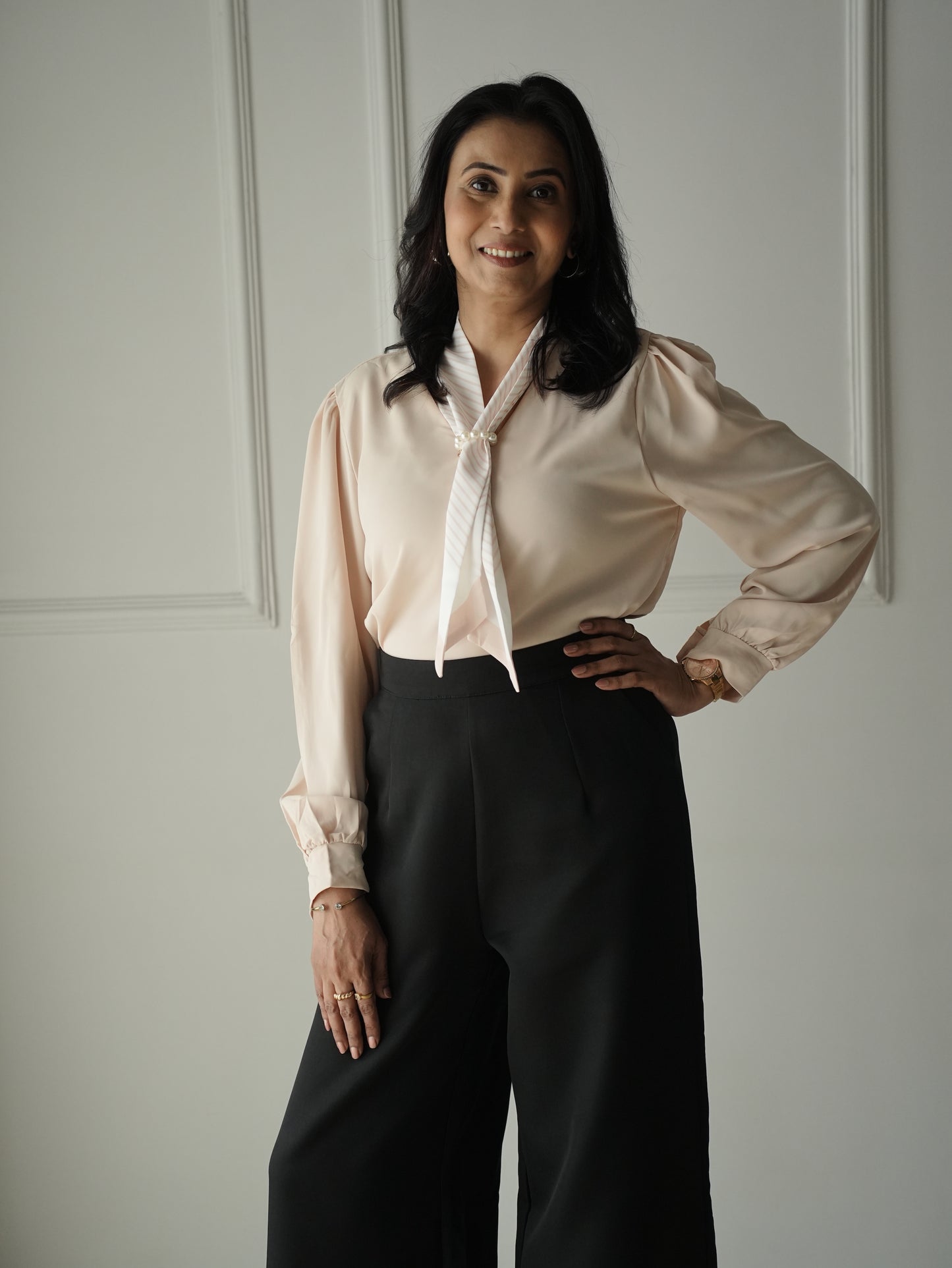 Beige Scarf Adorn Top